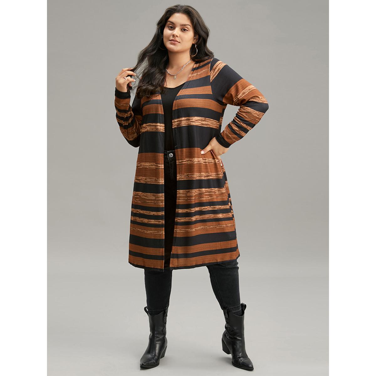 Plus Size Halloween Striped Open Front Kimono Women DarkBrown Casual Dailywear Kimonos BloomChic 30/6X Product Image