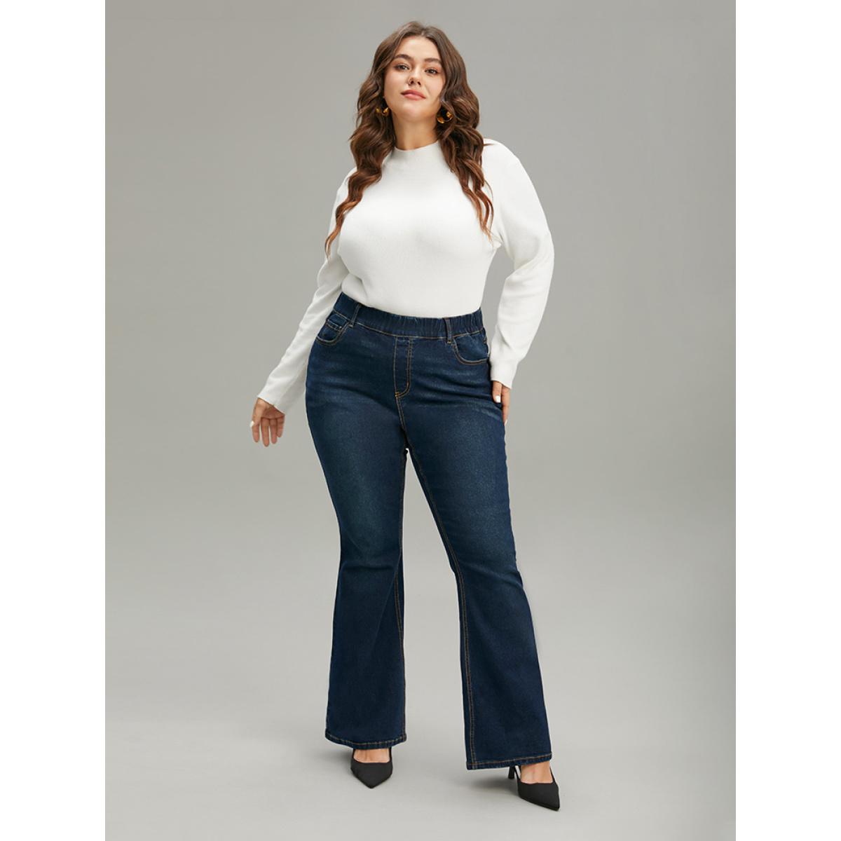 Plus Size Plain Flare Leg High Rise Full Length Jeans Women Indigo Casual Plain Non High stretch Slanted pocket Jeans BloomChic 16/1X Product Image