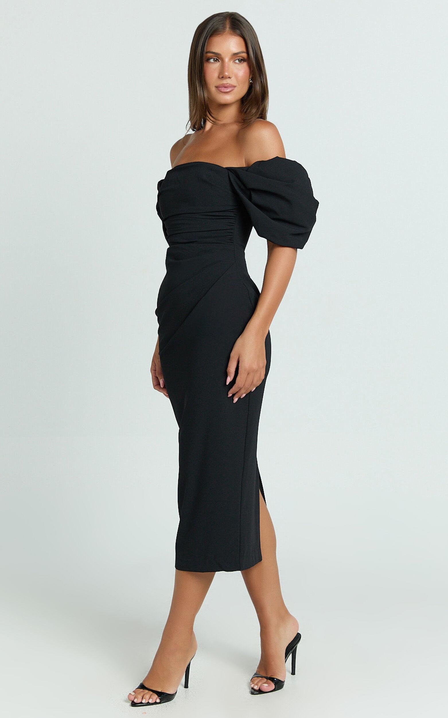Lohan Midi Dress - Off Shoulder Puff Sleeve in Black Product Image