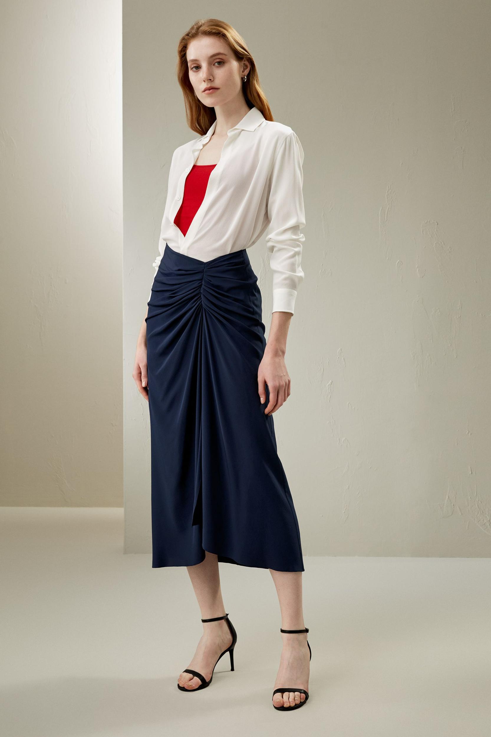 Tucked Drape Silk Midi Skirt Product Image