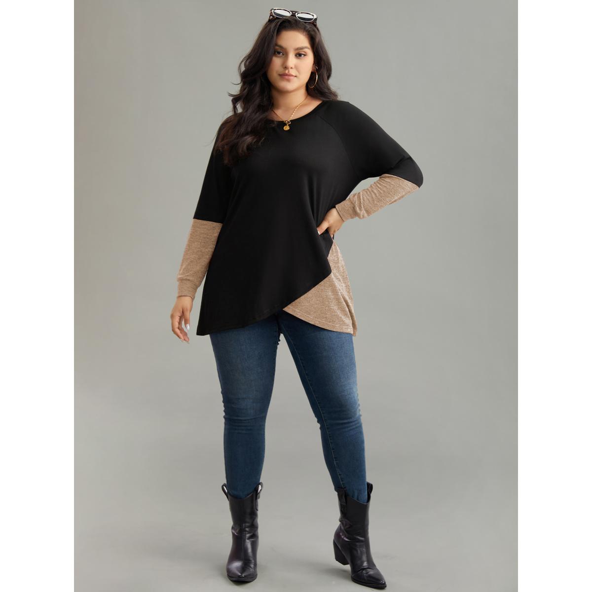 Plus Size Two Tone Patchwork Heather Arc Hem T-shirt Tan Women Casual Contrast Plain Round Neck Dailywear T-shirts BloomChic 22-24/3X Product Image