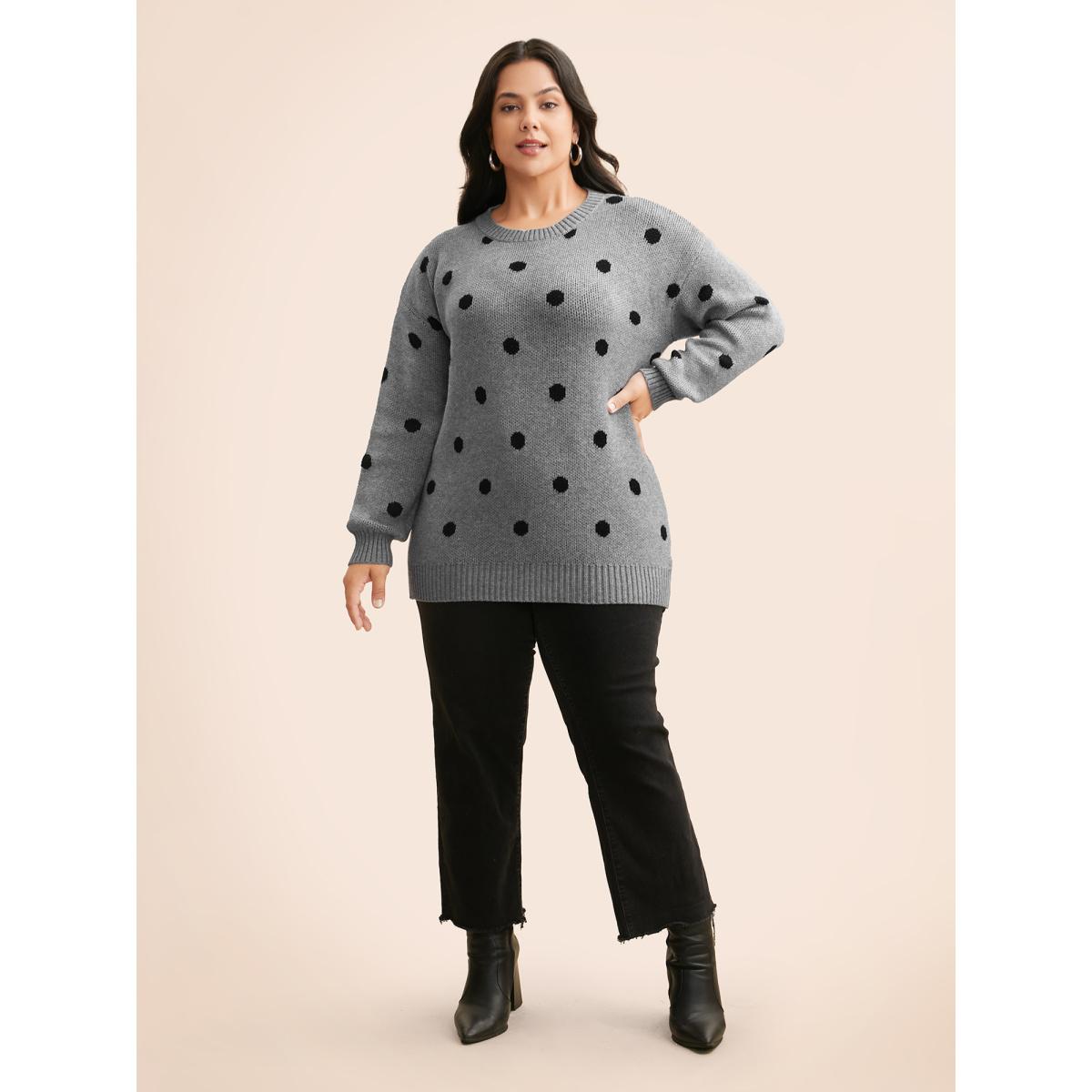 Plus Size Polka Dot Drop Shoulder Sleeve Pullover Mediumgray Women Casual Loose Long Sleeve Round Neck Everyday Pullovers BloomChic 10/M Product Image