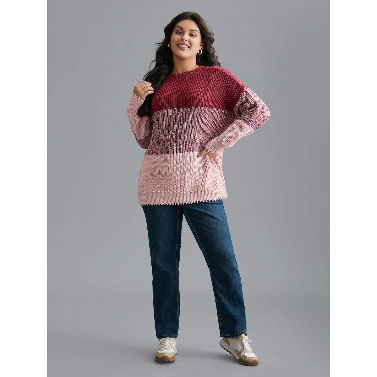 Plus Size Color Block Texture Round Neck Pullover Rosered Women Casual Loose Long Sleeve Round Neck Everyday Pullovers BloomChic 30/6X Product Image