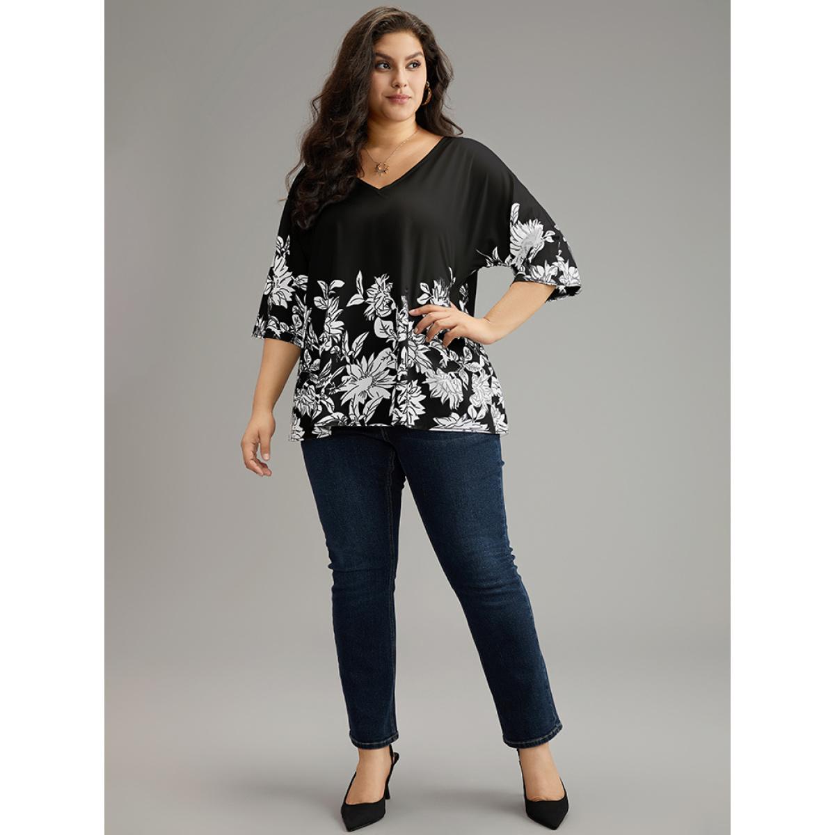 Plus Size Black Boho Print V Neck Cut Out Blouse Women Elegant Elbow-length sleeve V-neck Dailywear Blouses BloomChic 30/6X Product Image