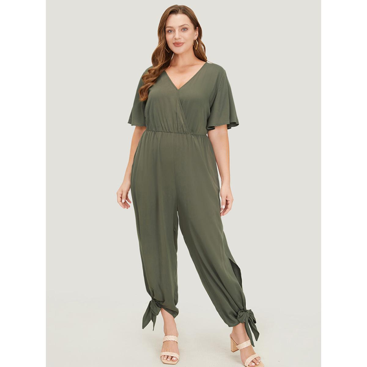 Plus Size ArmyGreen Plain Pocket Wrap Cut Out Knotted Hem Jumpsuit Women Office Short sleeve V-neck Work Loose Jumpsuits BloomChic 26/4X Product Image