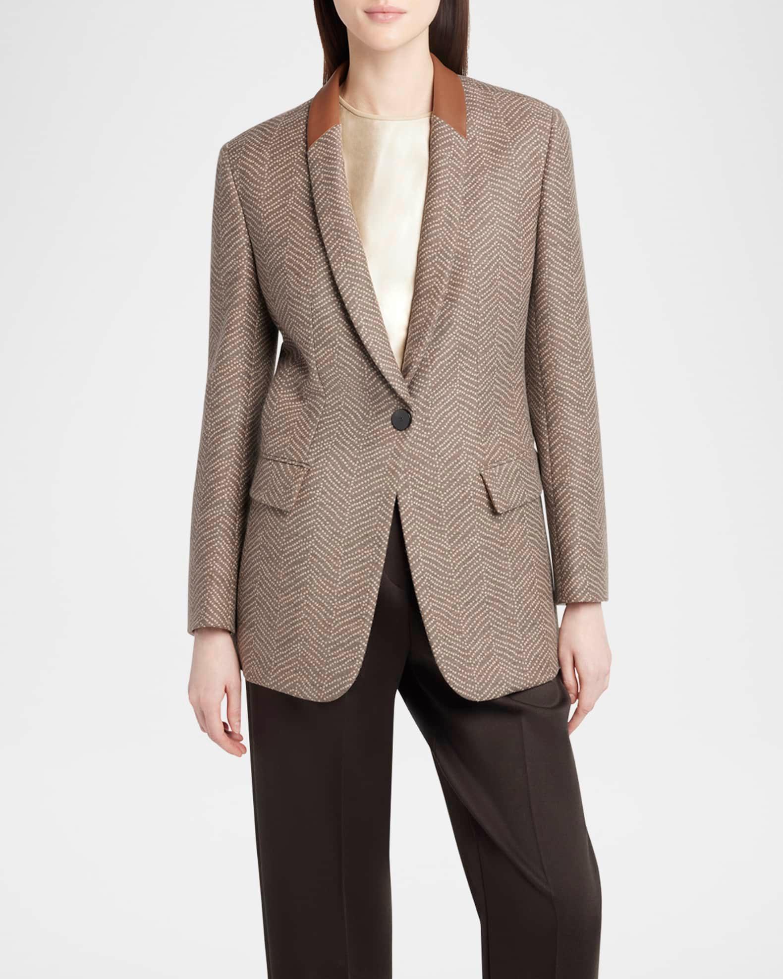 Chevron Wool Single-Breasted Blazer with Leather Trim Product Image