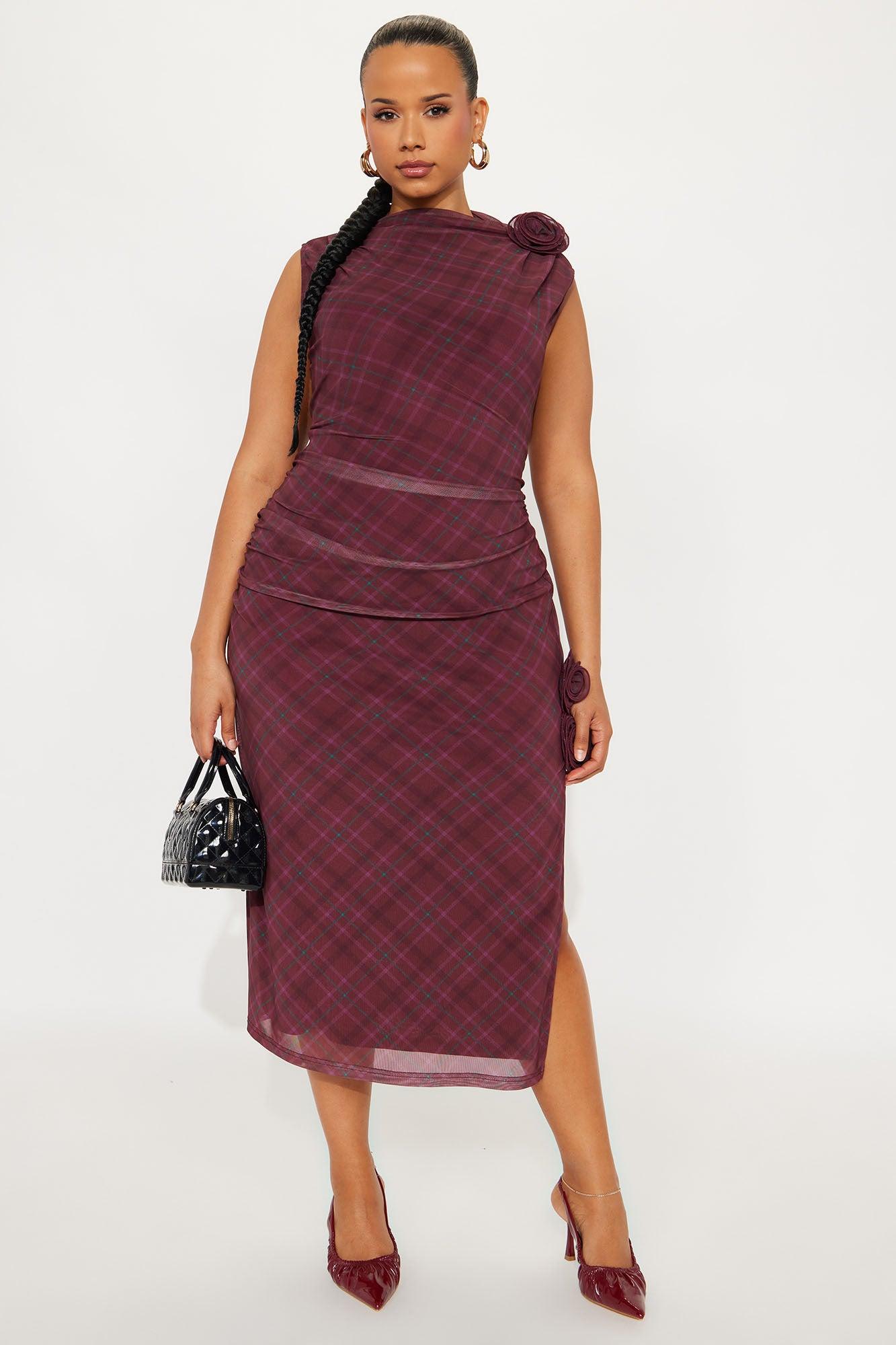 Rosie Ruched Plaid Mini Dress - Burgundy Female Product Image