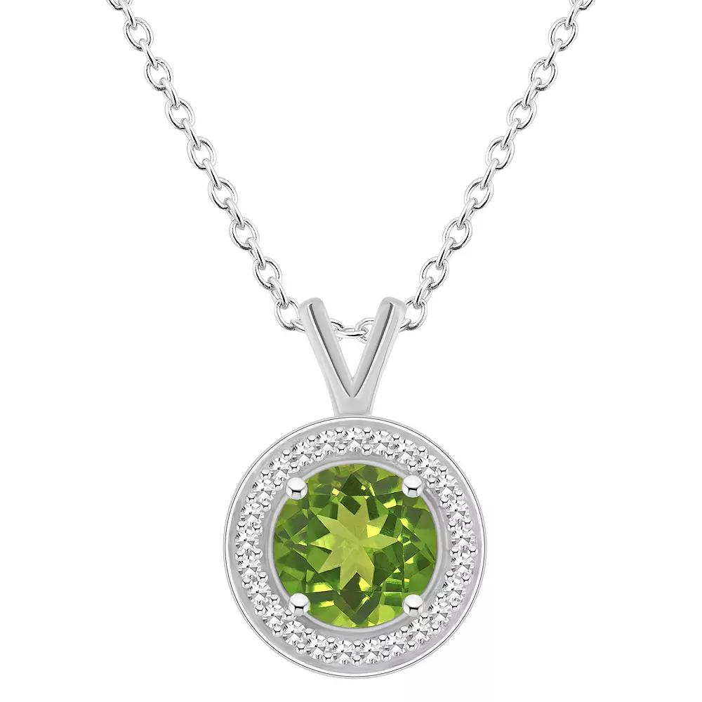Celebration Gems Sterling Silver Round Gemstone & 1/8 Carat T.W. Diamond Halo Pendant Necklace, Women's, Size: 18", Peridot Product Image