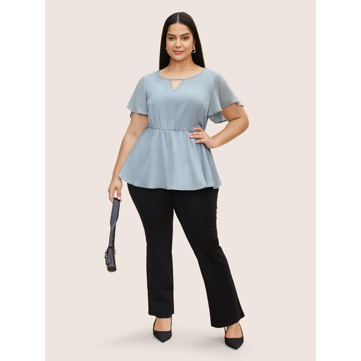 Plus Size Stone Round Neck Chiffon Patchwork Cut Out Blouse Women Work From Home Short sleeve Round Neck Work Blouses BloomChic 18-20/2X Product Image