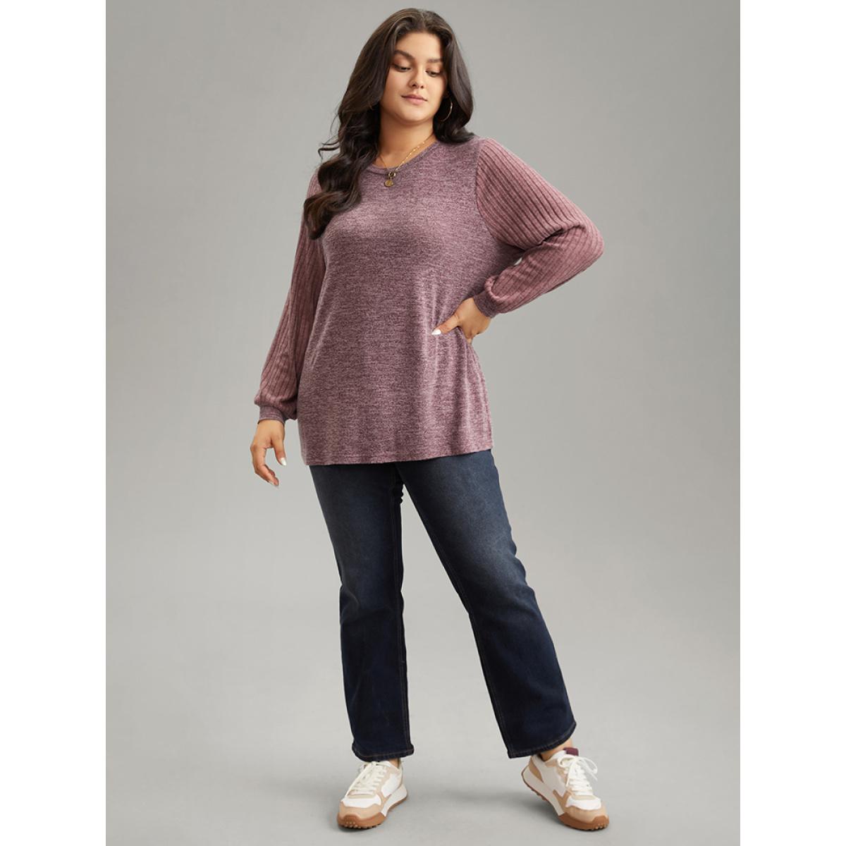 Plus Size Heather Plisse Patchwork Crew Neck T-shirt Russet Women Casual Rib Knit Plain Round Neck Dailywear T-shirts BloomChic 30/6X Product Image