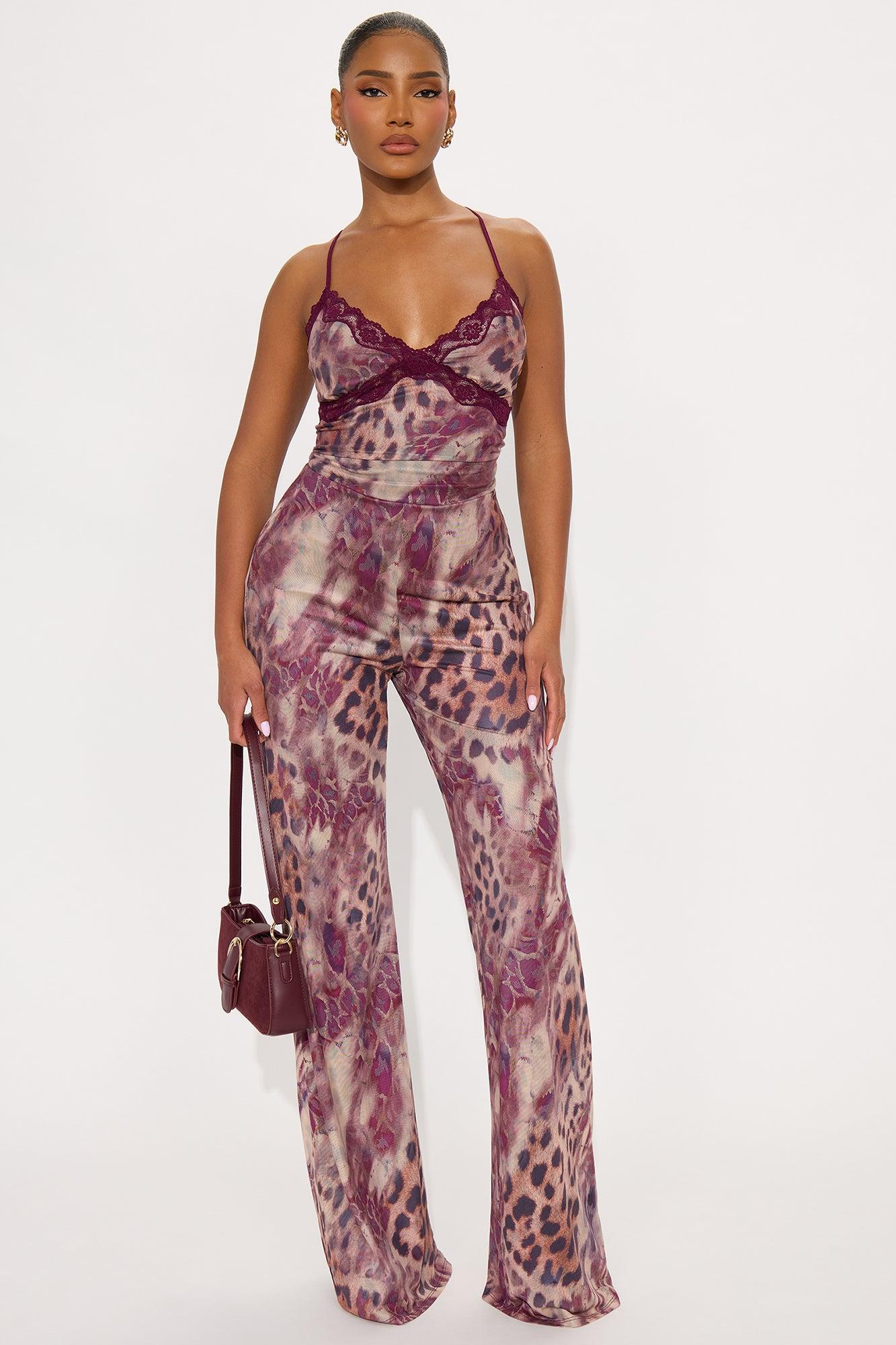 Sarah Mesh Leopard Flare Leg Jumpsuit - Burgundy/combo Female Product Image