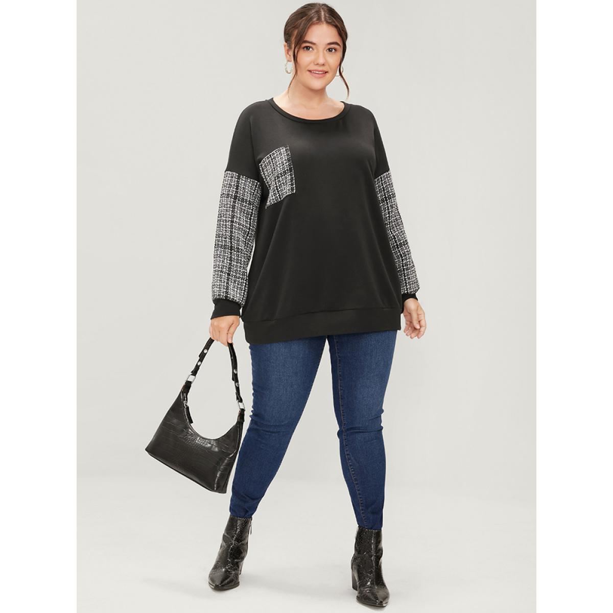 Plus Size Colorblock Contrast Pocket Raw Trim Drop Shoulder Sweatshirt Women Black Casual Patchwork Round Neck Dailywear Sweatshirts BloomChic 12/L Product Image