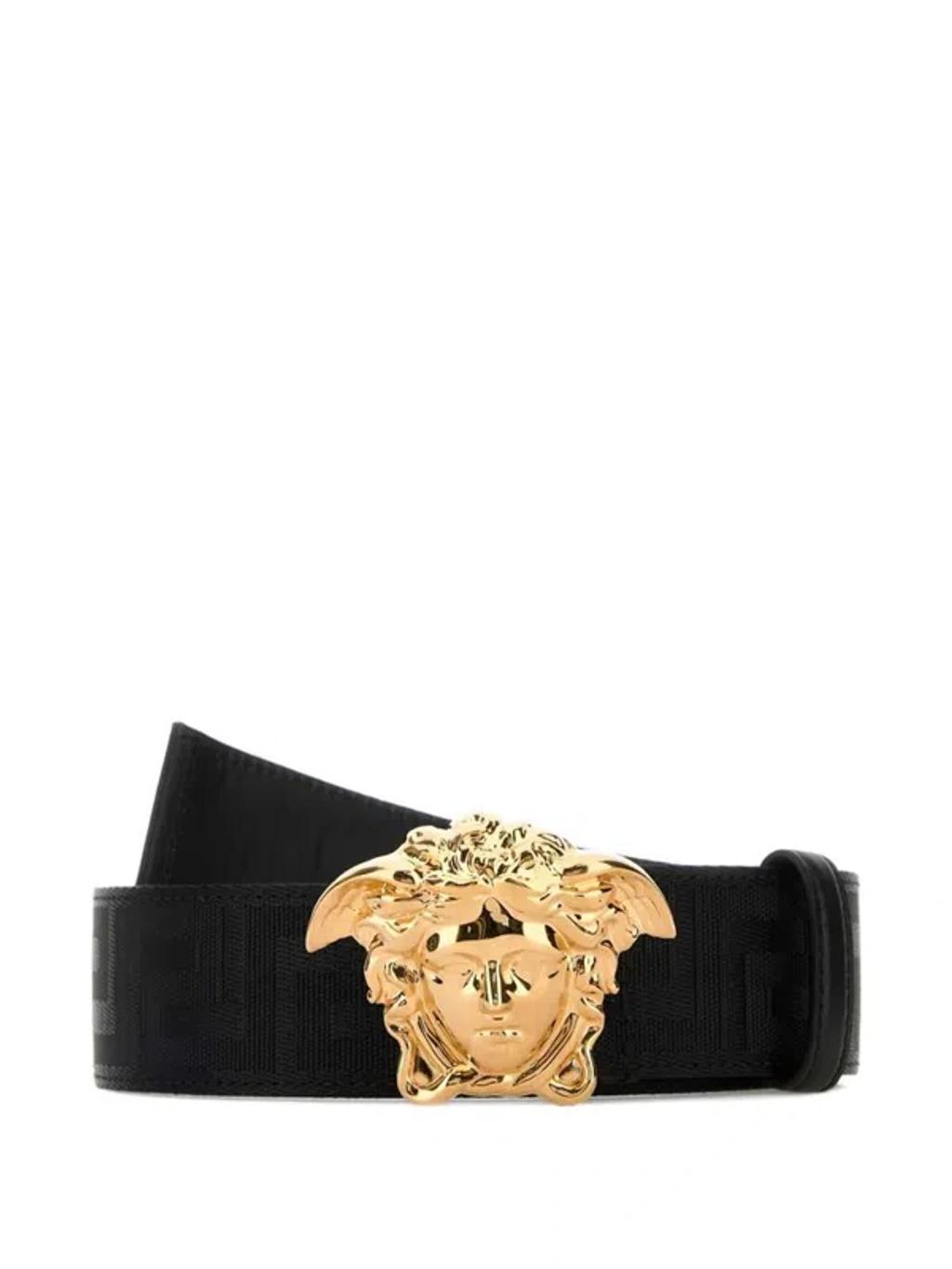 VERSACE Adjustable Fabric Medusa Belt With Gold-tone Buckle In Black Product Image