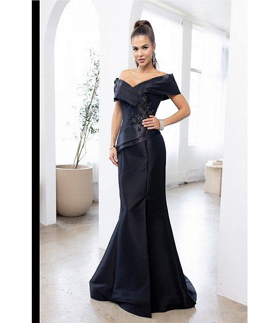 Terani Couture Pleated Off-the-Shoulder Short Sleeve Mermaid Gown Product Image
