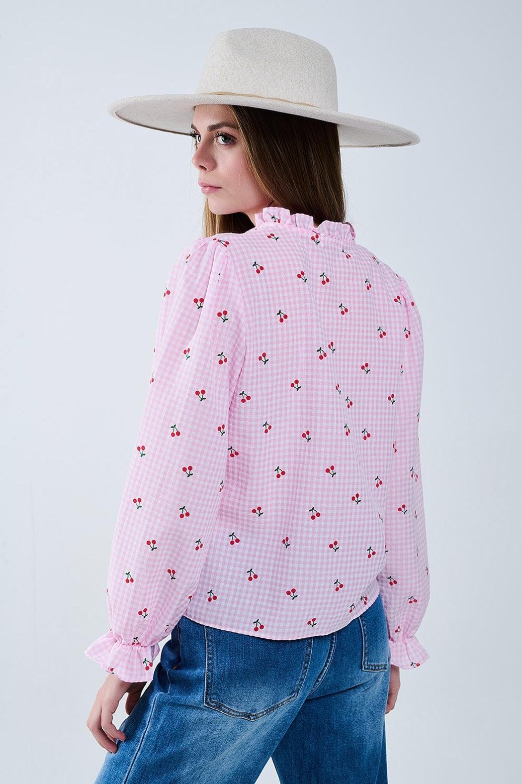 Pink Cherry Blouse with Bow Tie Product Image