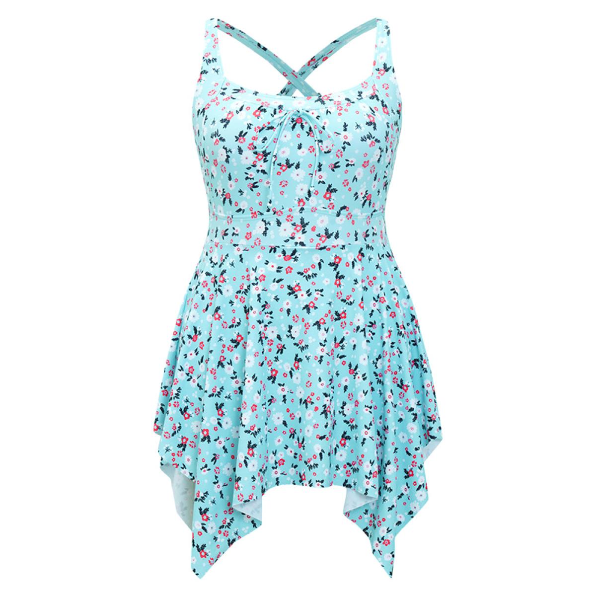 Plus Size Ditsy Floral Knot Front Crossover Hanky Hem Swim Dress Women's Swimwear Turquoise Vacation Bodycon Round Neck High stretch Curve Swim Dresses BloomChic 28/5X Product Image