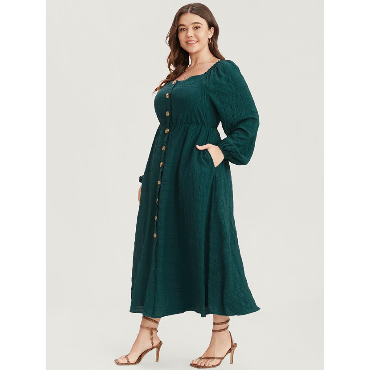 Plus Size Solid Pocket Lantern Sleeve Textured Button Up Square Neck Dress DarkGreen Women Elegant Square Neck Long Sleeve Curvy Midi Dress BloomChic 18-20/2X Product Image