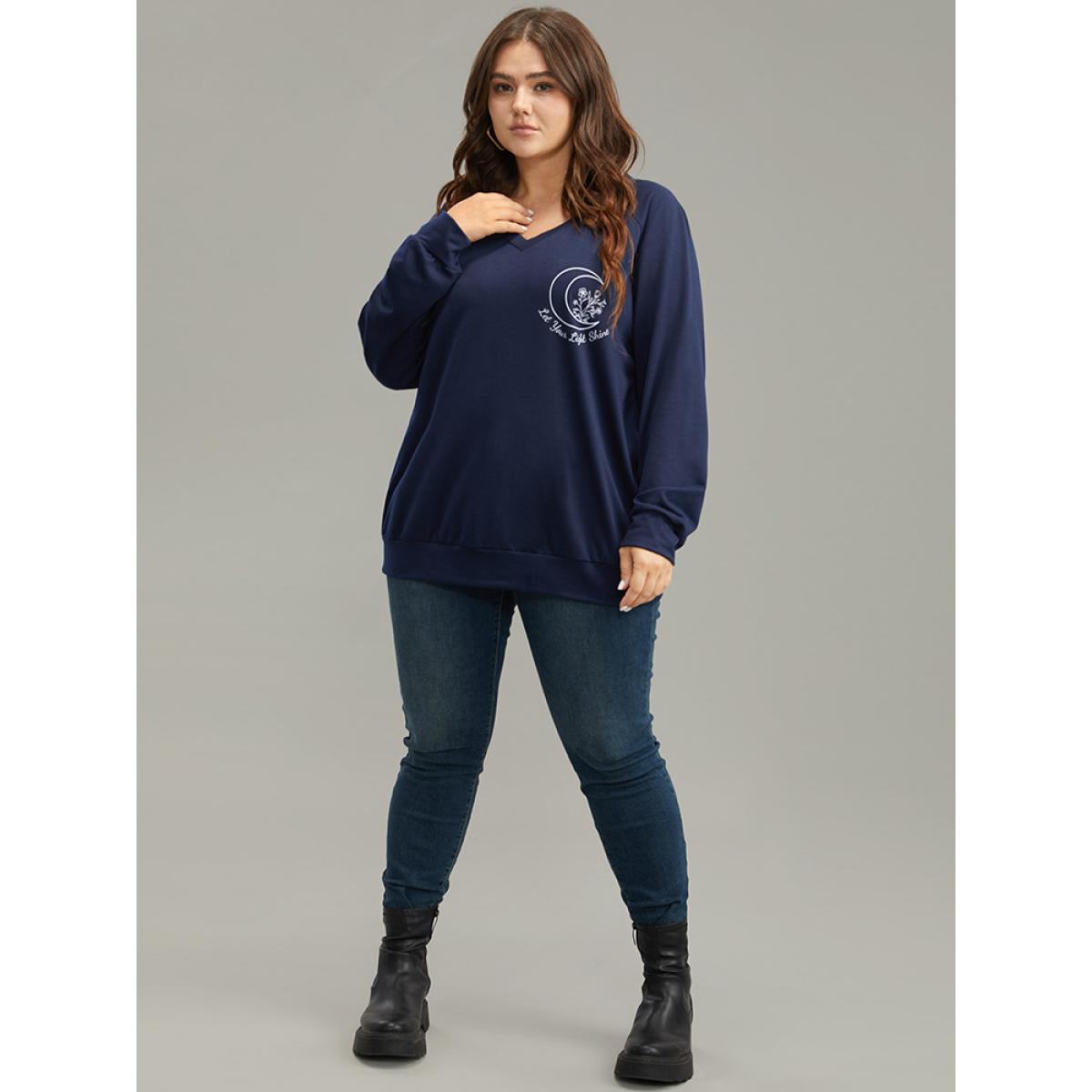 Plus Size Moon Print V Neck Raglan Sleeve Sweatshirt Women Indigo Casual Elastic cuffs Dailywear Sweatshirts BloomChic 12/L Product Image