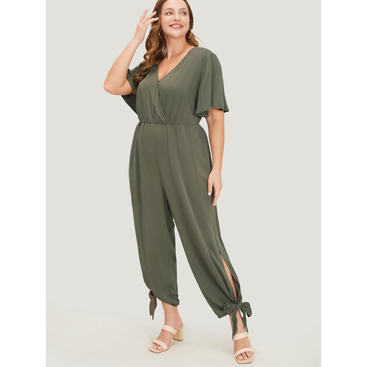 Plus Size ArmyGreen Plain Pocket Wrap Cut Out Knotted Hem Jumpsuit Women Office Short sleeve V-neck Work Loose Jumpsuits BloomChic 26/4X Product Image