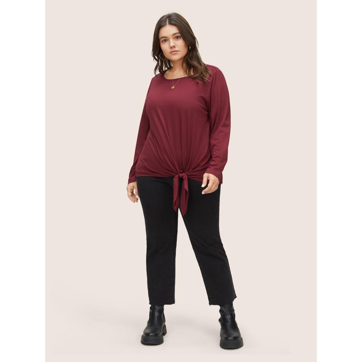 Plus Size Plain Crew Neck Ties T-shirt Burgundy Women Casual Non Plain Round Neck Everyday T-shirts BloomChic 10/M Product Image