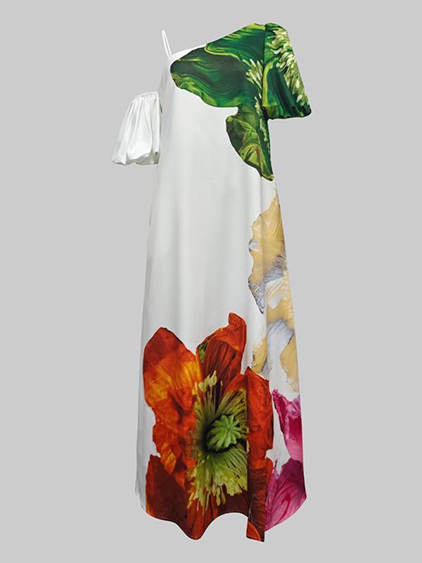 A-Line Loose Elasticity Flower Print One-Shoulder Maxi Dresses Product Image