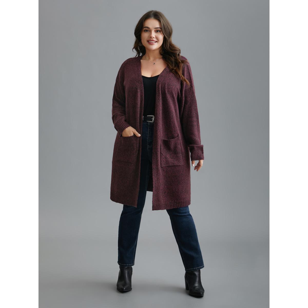 Plus Size Solid Patch Pocket Long Knit Cardigan Deepred Women Casual Loose Long Sleeve Everyday Cardigans BloomChic 28/5X Product Image