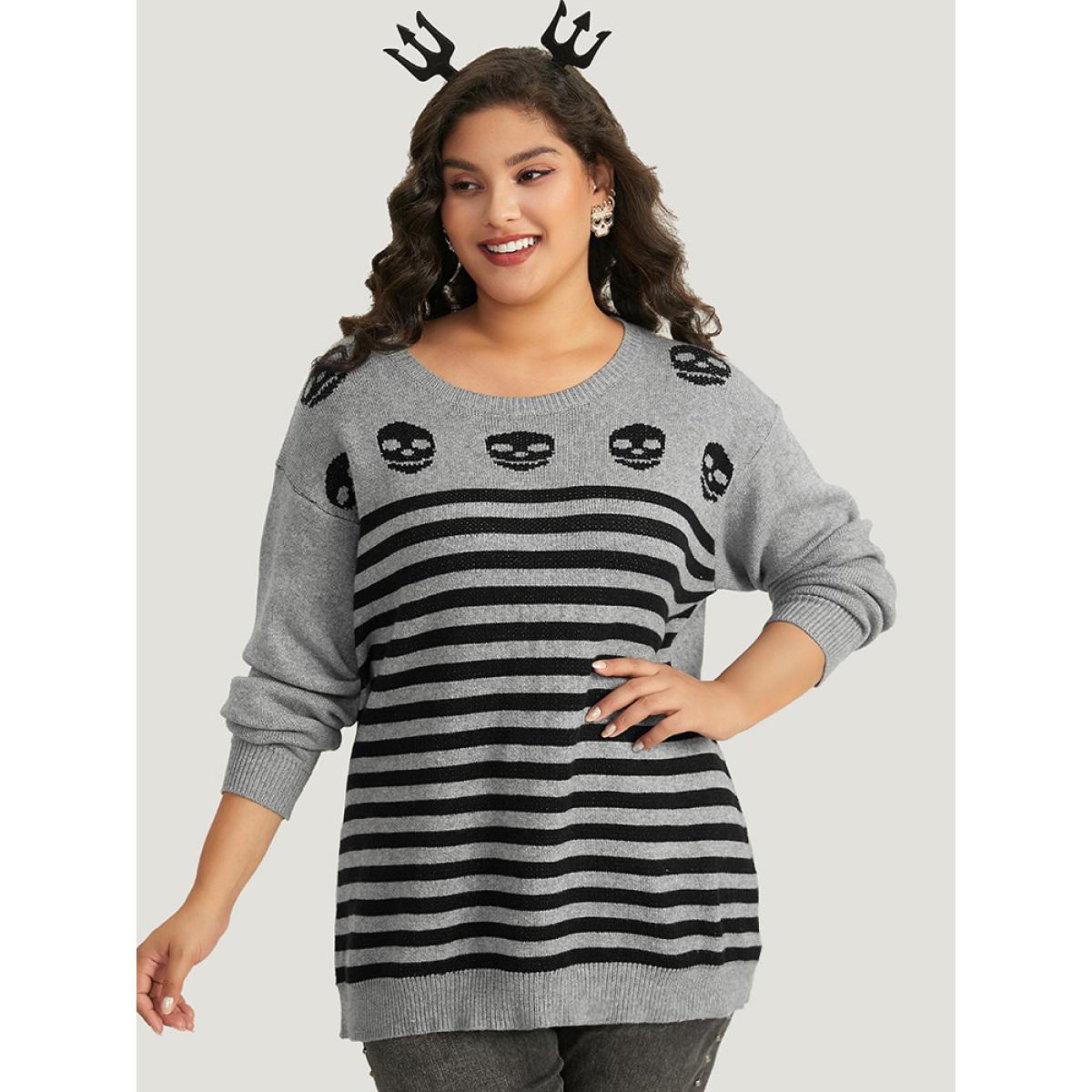 Plus Size Halloween Supersoft Essentials Skull Print Striped Round Neck Pullover DarkGray Women Casual Long Sleeve Round Neck Festival-Halloween Pullovers BloomChic 26/4X Product Image