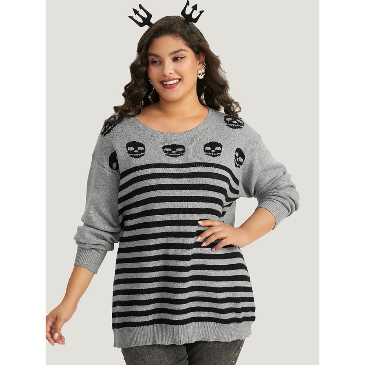 Plus Size Halloween Supersoft Essentials Skull Print Striped Round Neck Pullover DarkGray Women Casual Long Sleeve Round Neck Festival-Halloween Pullovers BloomChic 26/4X Product Image