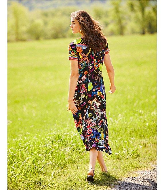 JOHNNY WAS The Janie Favorite Jenny Scarf Mixed Print Crew Neck Cap Sleeve Midi Dress Product Image