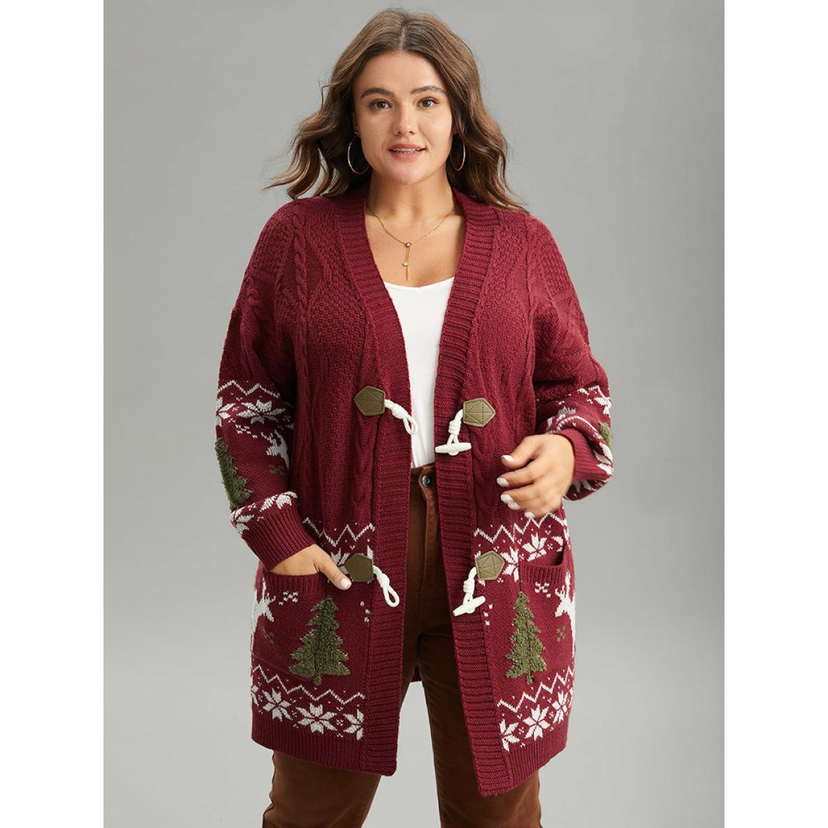 Plus Size Christmas Duffle Button Cable Knit Pocket Cardigan Scarlet Women Casual Loose Long Sleeve Festival-Halloween Cardigans BloomChic 30/6X Product Image