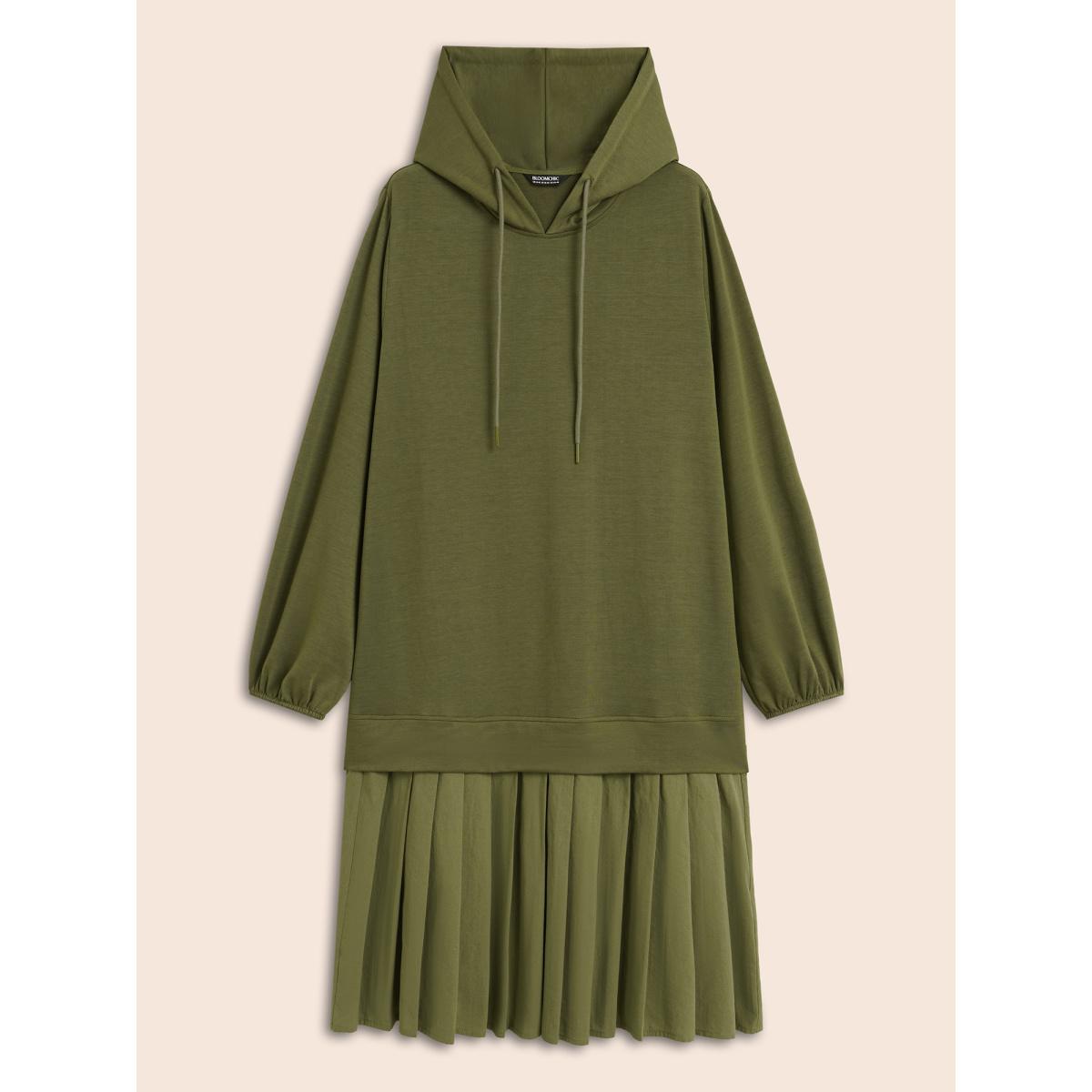 Plus Size Patchwork Pleated Hooded Drawstring Dress ArmyGreen Women Casual Pleated Hooded Long Sleeve Curvy BloomChic 10/M Product Image