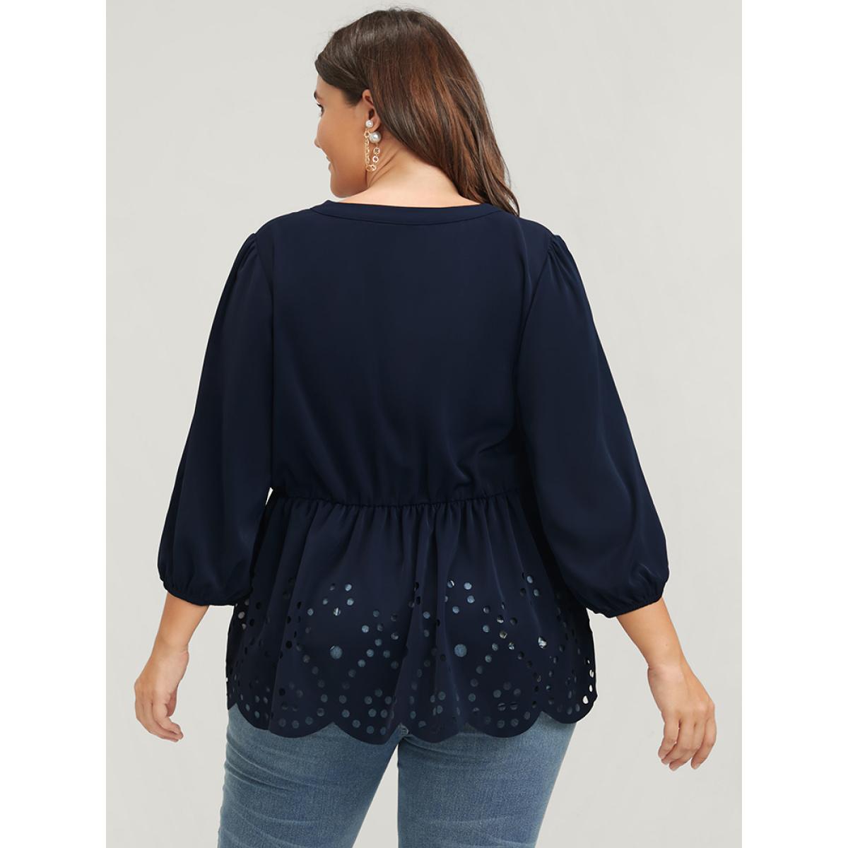 Plus Size DarkBlue Solid Cut Out Ruffles Button Lantern Sleeve Blouse Women Office Elbow-length sleeve V-neck Office Blouses BloomChic 12/L Product Image