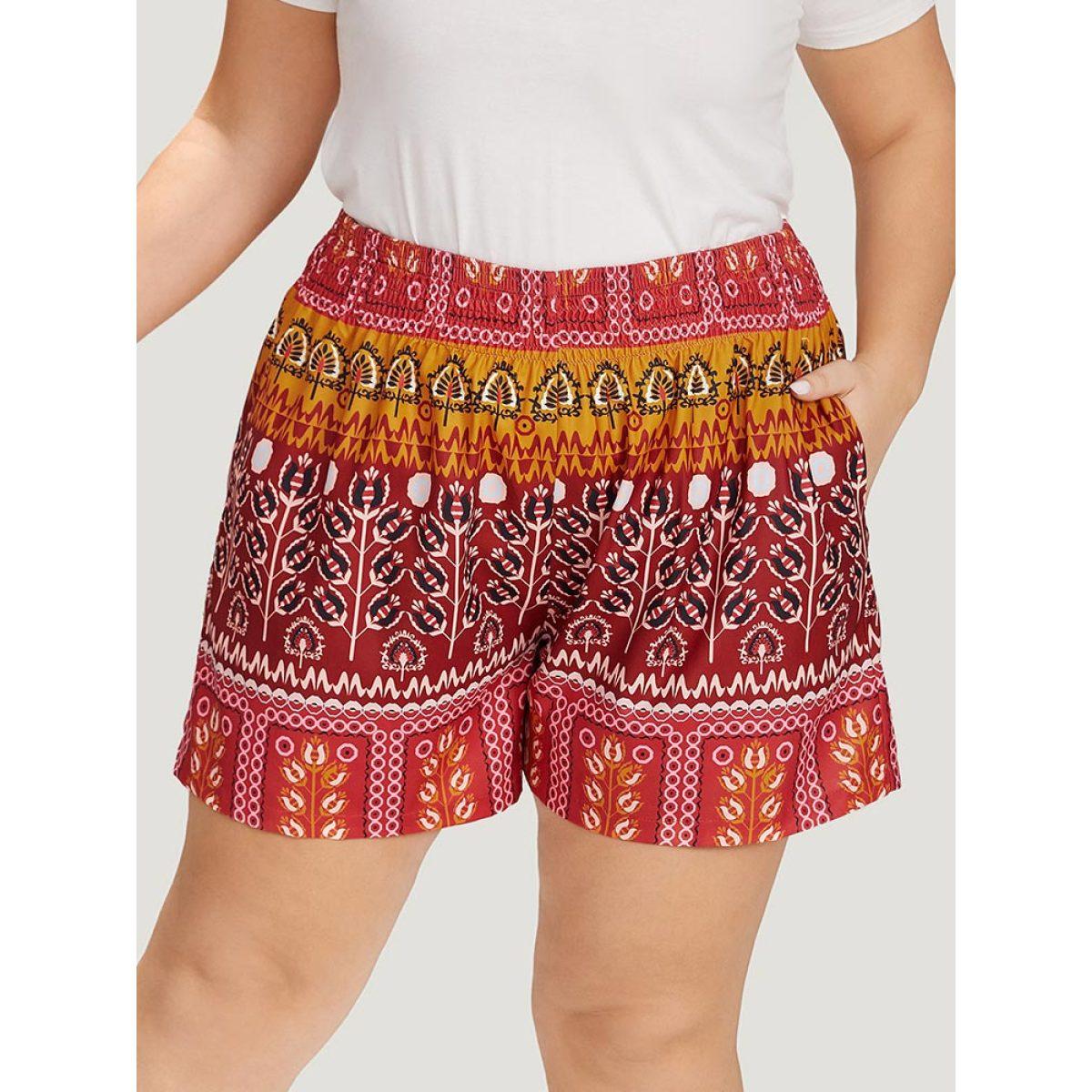 Plus Size Boho Print Pocket Elastic Waist Shorts Women Multicolor Vacation Shirred Dailywear Shorts BloomChic 30/6X Product Image