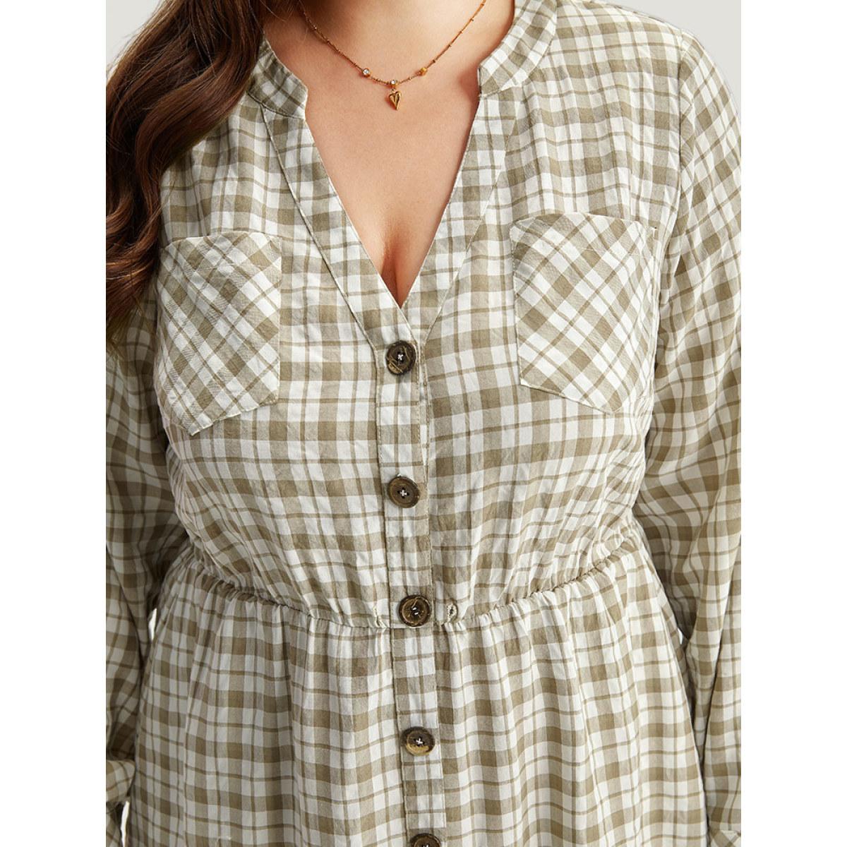 Plus Size Gingham Button Through Arc Hem Dress Sage Women Casual Printed Notched collar Long Sleeve Curvy Midi Dress BloomChic 26/4X Product Image