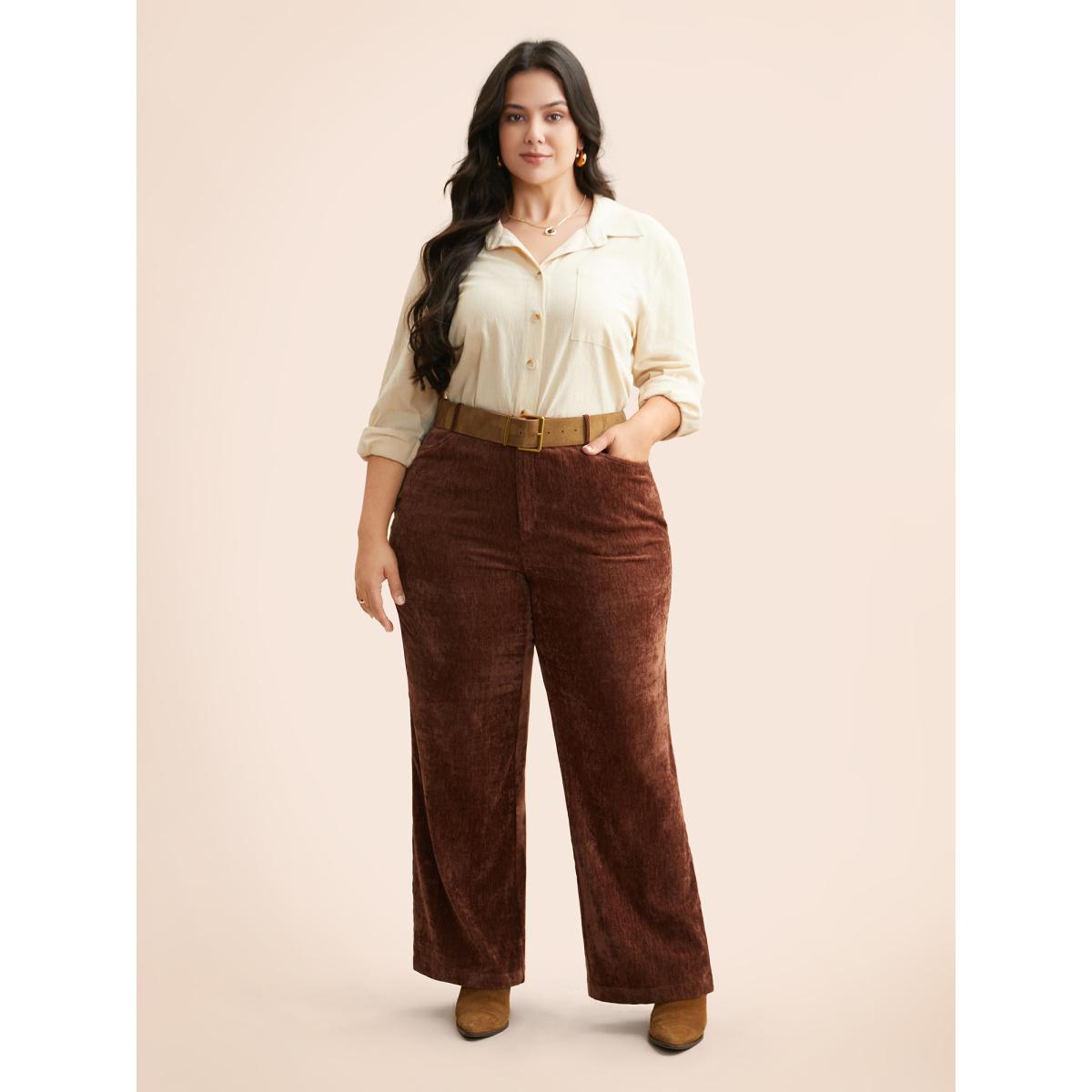 Plus Size Mid Rise Chenille Bootcut Pants Women Browncoffeecolor Elegant Bootcut Mid Rise Everyday Pants BloomChic 30/6X Product Image