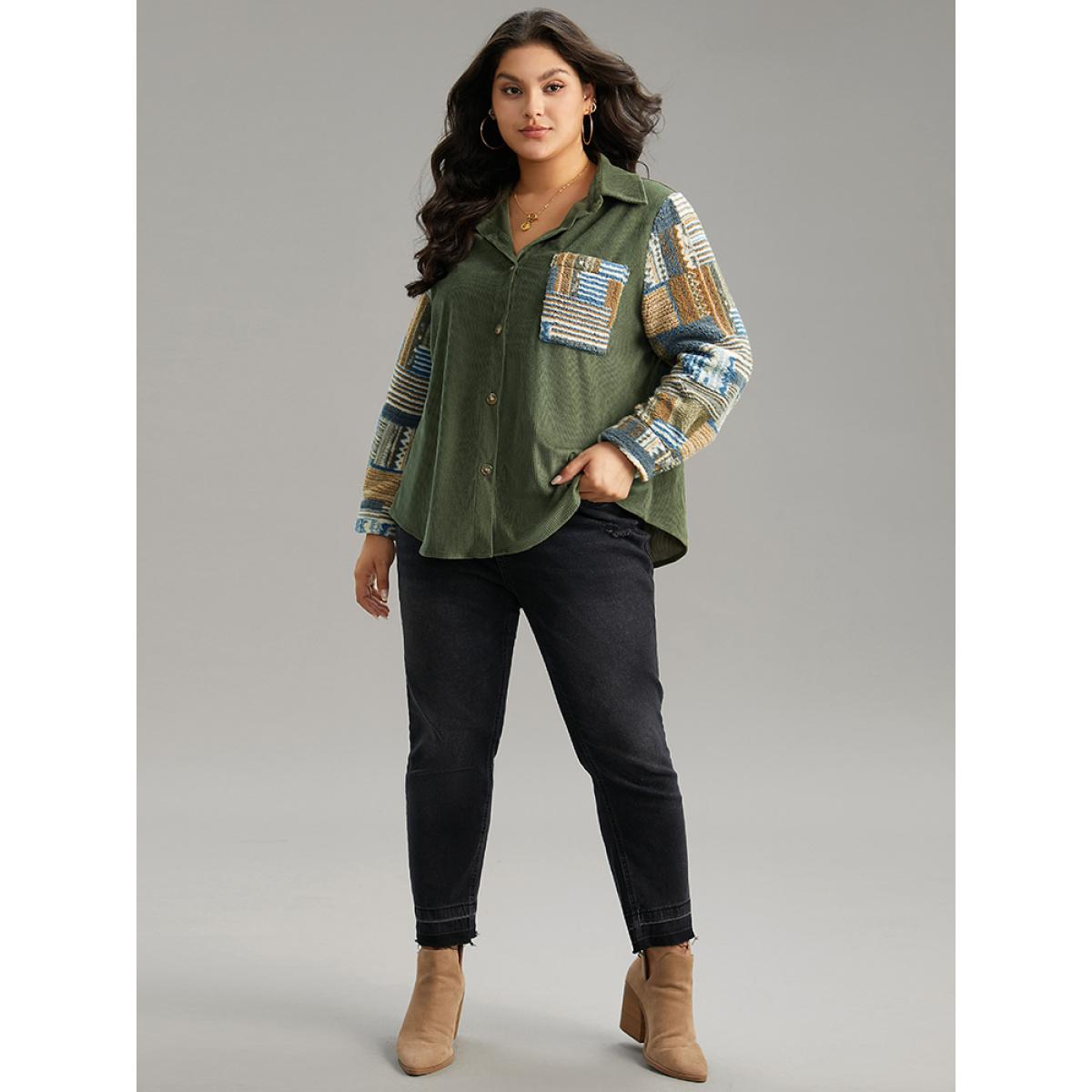 Plus Size Textured Contrast Patchwork Button Through Jacket Women ArmyGreen Casual Contrast Ladies Dailywear Winter Coats BloomChic 26/4X Product Image
