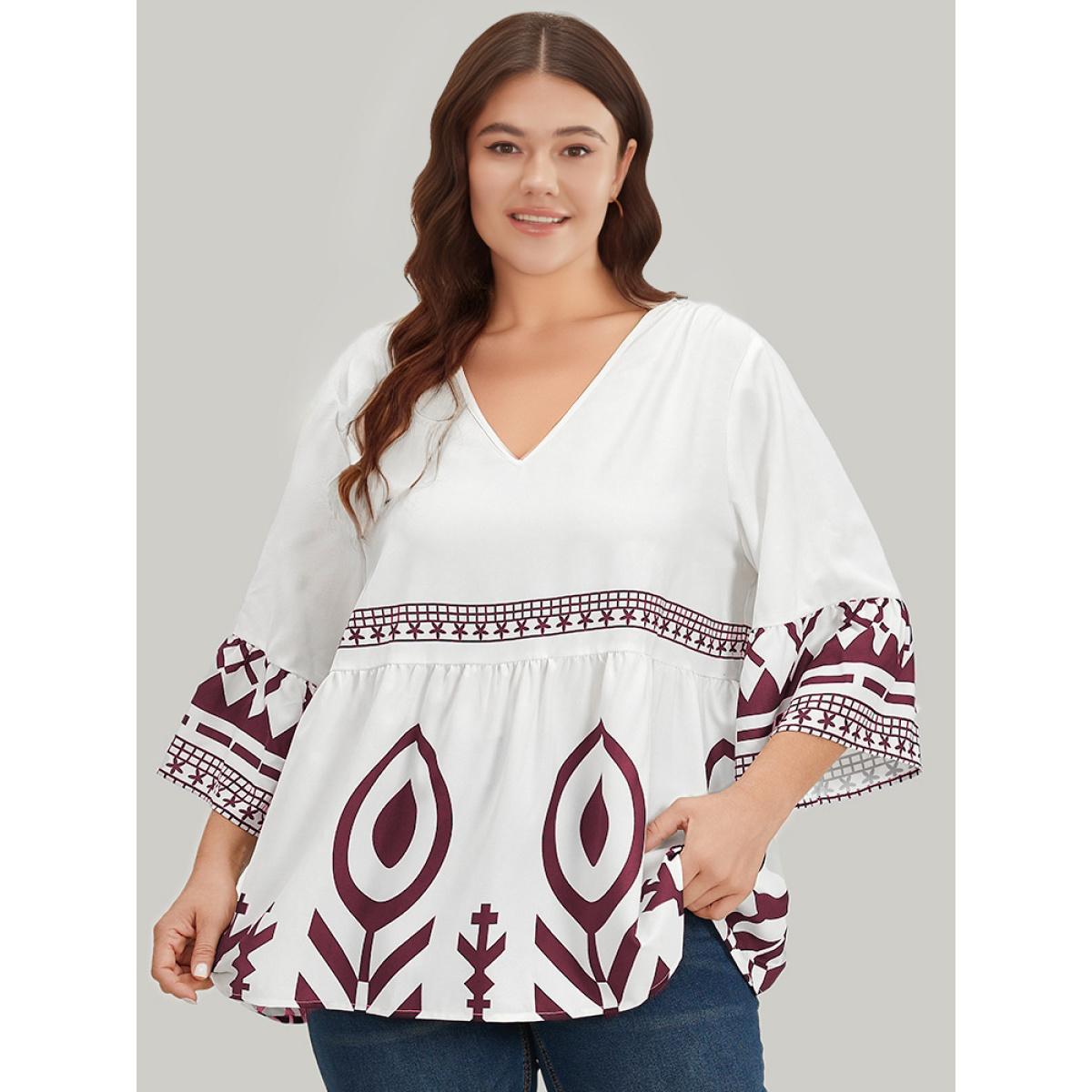 Plus Size Scarlet Silhouette Floral Print Bell Sleeve Ruffle Hem Blouse Women Vacation Elbow-length sleeve V-neck Dailywear Blouses BloomChic 30/6X Product Image