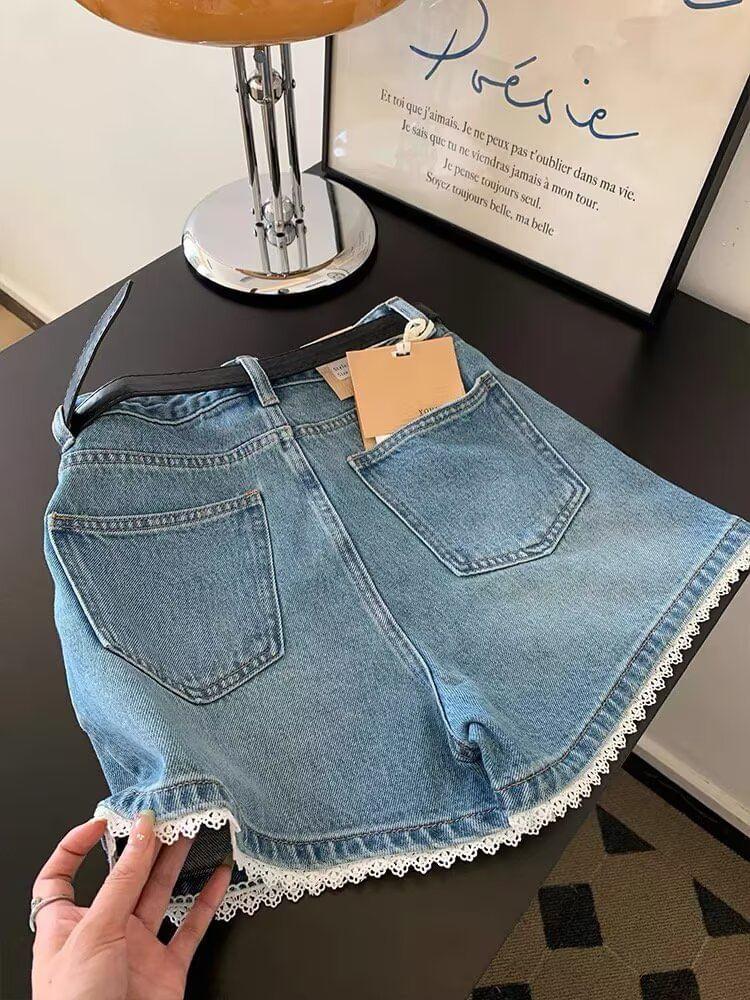 High Waist Washed Lace Trim Denim Shorts Product Image