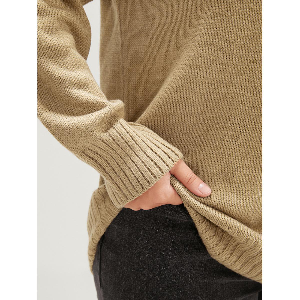 Plus Size Plain Pointelle Knit V Neck Knit Top Tan Women Casual Loose Long Sleeve V-neck Dailywear Pullovers BloomChic 12/L Product Image