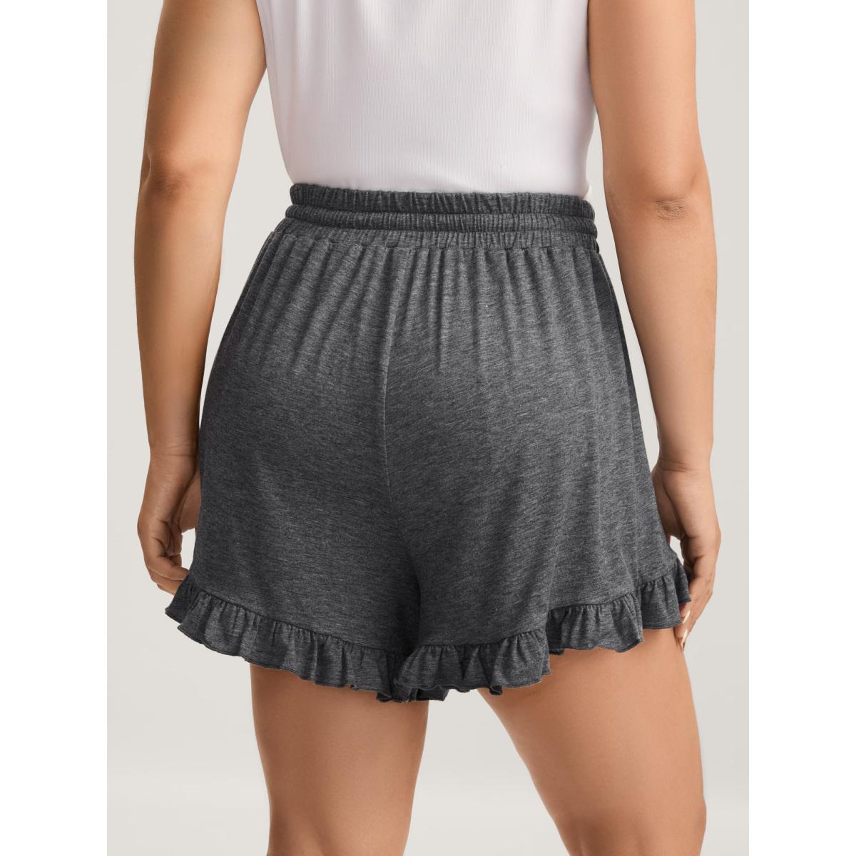 Plus Size Supersoft Mixed Color Knit Drawstring Ruffled Shorts Women DimGray Leisure Drawstring Wide Leg Casual Shorts BloomChic 30/6X Product Image