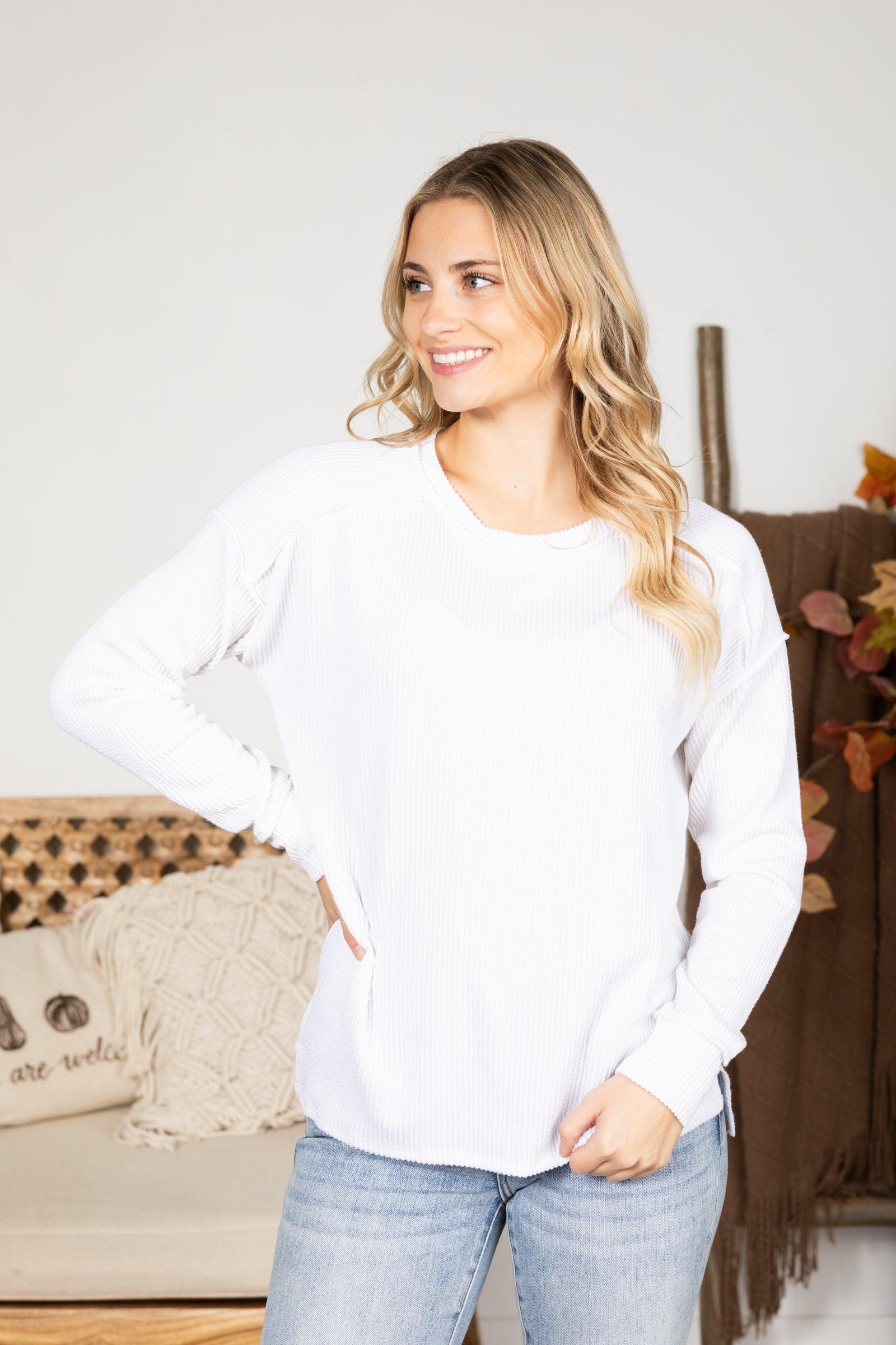 Ribbed Drop Shoulder Long Sleeve Knit Top Product Image
