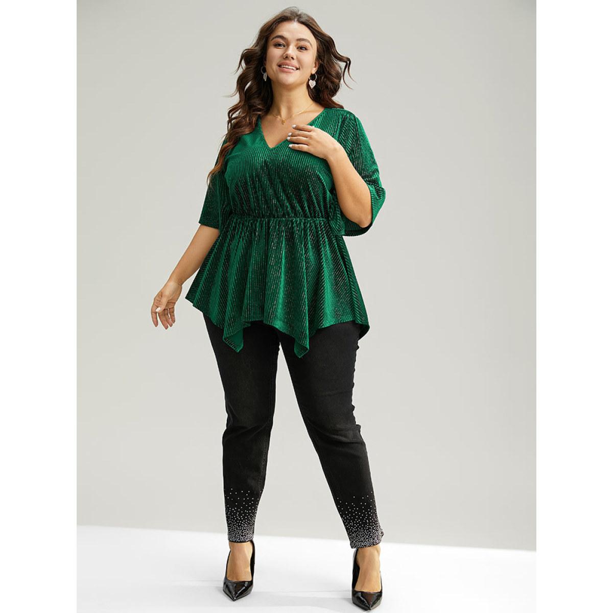 Plus Size DarkGreen Velvet Elastic Waist Ruffle Sleeve Hanky Hem Blouse Women Glamour Short sleeve V-neck Festival-Christmas Blouses BloomChic 18-20/2X Product Image