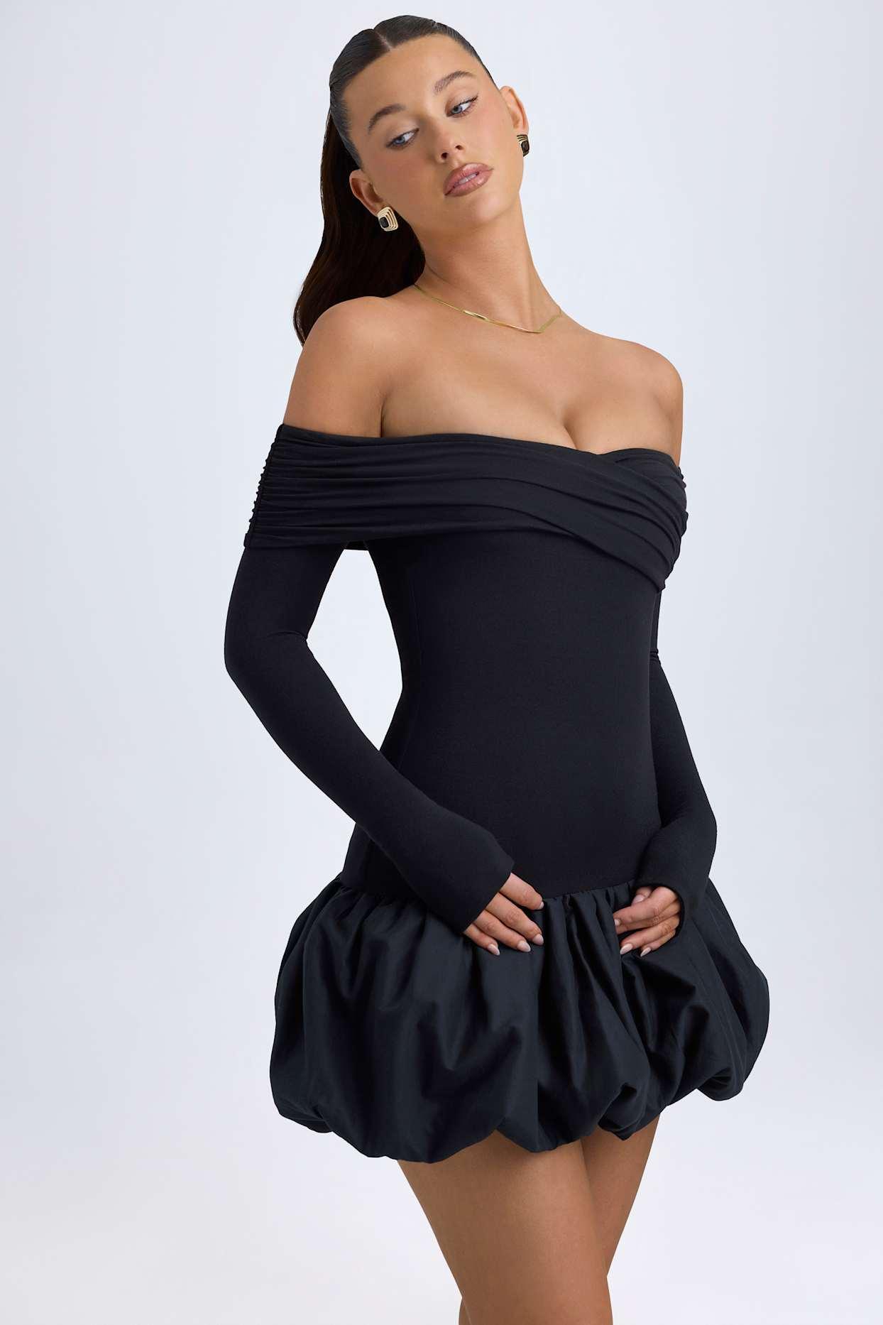 Modal Off-Shoulder Bubble Hem Mini Dress in Black Product Image