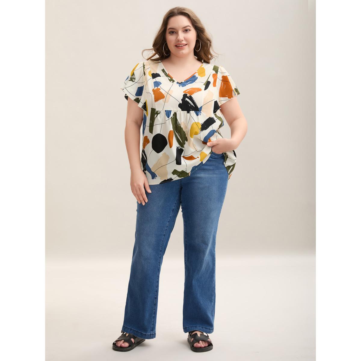 Plus Size Multicolor Brush Abstract Print Flounce Sleeve Blouse Women Short sleeve V-neck Everyday-Elegant Blouses BloomChic 22-24/3X Product Image
