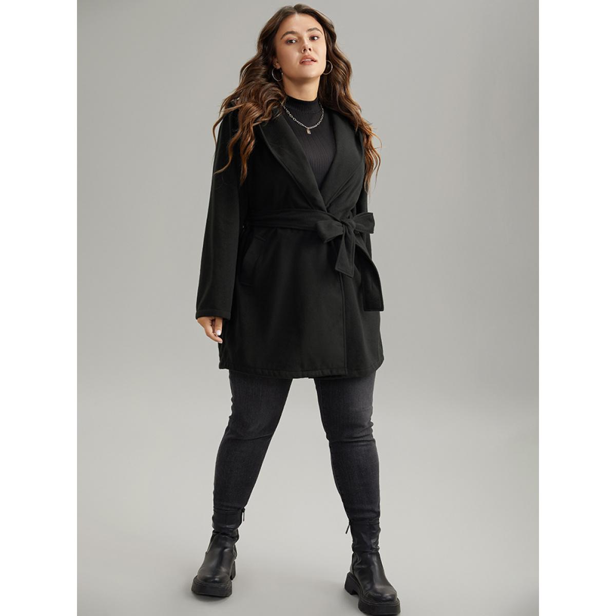 Plus Size Plain Belted Hooded Tunic Pocket Coat Women Black Casual Plain Ladies Dailywear Winter Coats BloomChic 18-20/2X Product Image