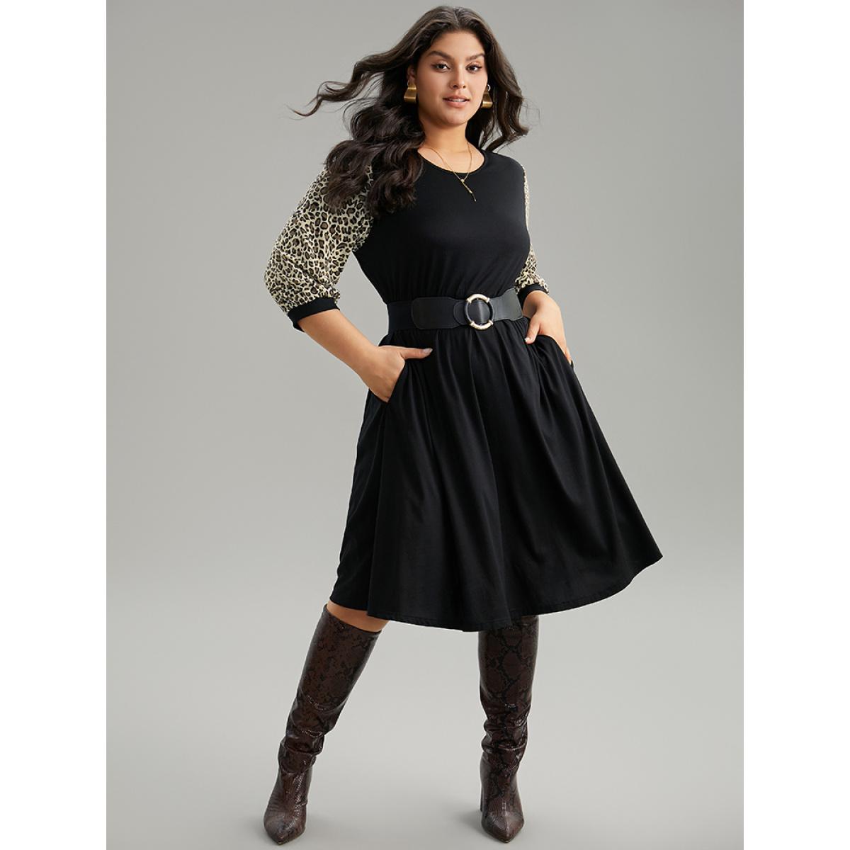 Plus Size Leopard Patchwork Pocket Elastic Waist Dress Black Women Casual Printed Round Neck Elbow-length sleeve Curvy Midi Dress BloomChic 30/6X Product Image