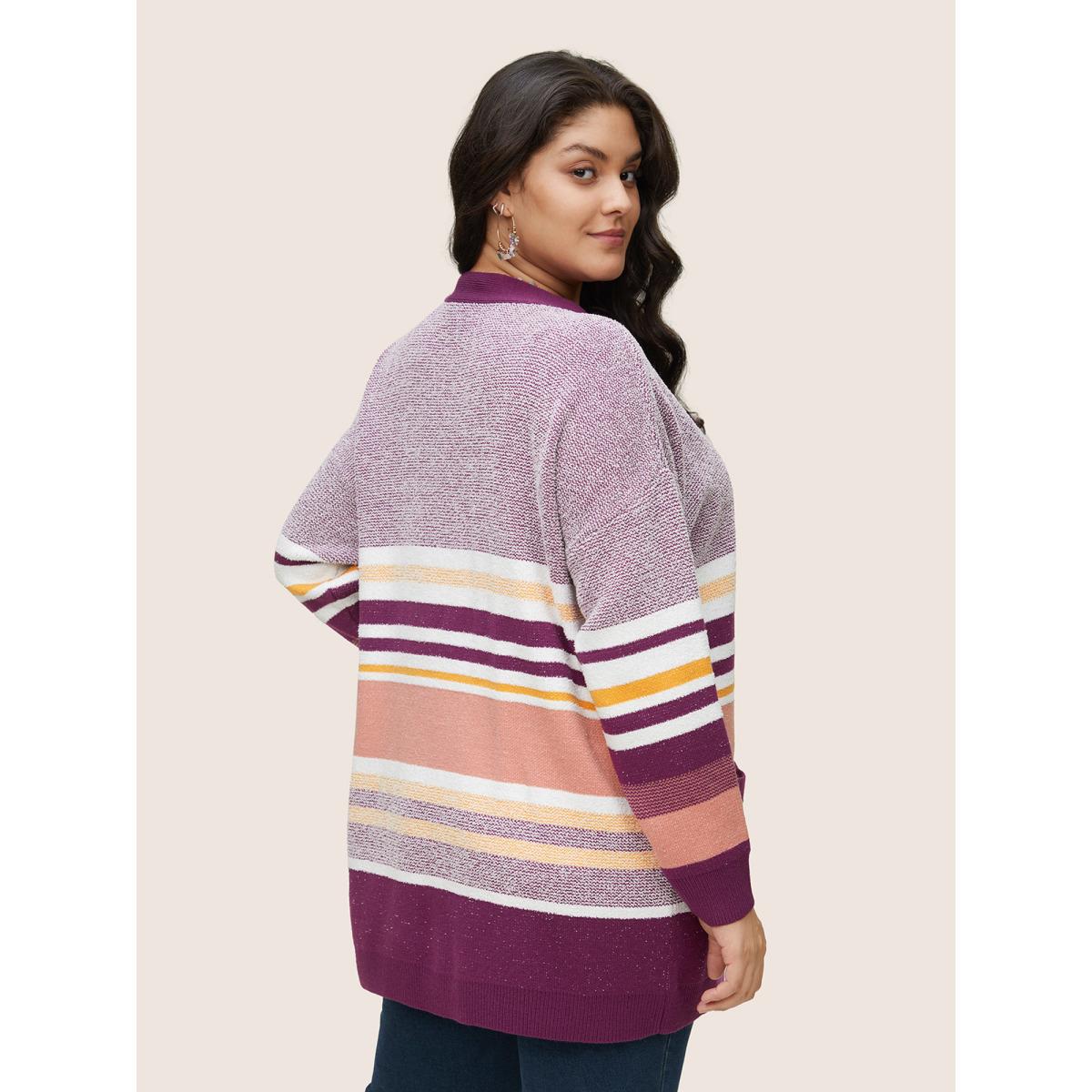 Plus Size Supersoft Essentials Striped Contrast Open Front Cardigan Purple Women Casual Loose Long Sleeve Dailywear Cardigans BloomChic 14-16/1X Product Image