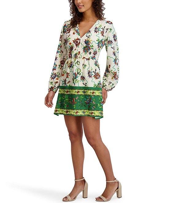 SIENA Floral Print V-Neck Long Sleeve Woven Shift Mini Dress Product Image