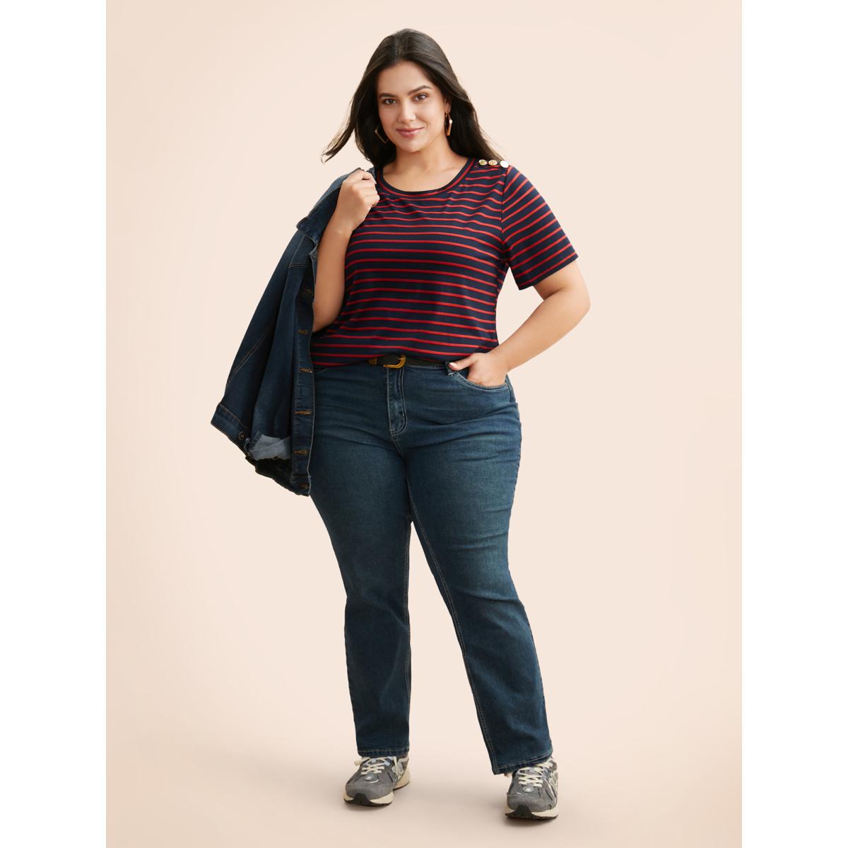 Plus Size Crew Neck Striped Button Detail T-shirt Midnight Women Casual Button Round Neck Everyday T-shirts BloomChic 26/4X Product Image
