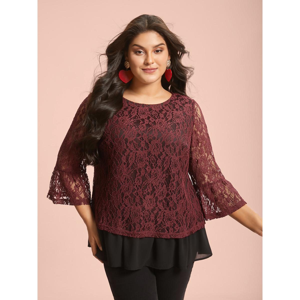 Plus Size Burgundy Round Neck Contrast Lace Ruffled Sleeve Blouse Women Elegant Elbow-length sleeve Round Neck Everyday Blouses BloomChic 12/L Product Image